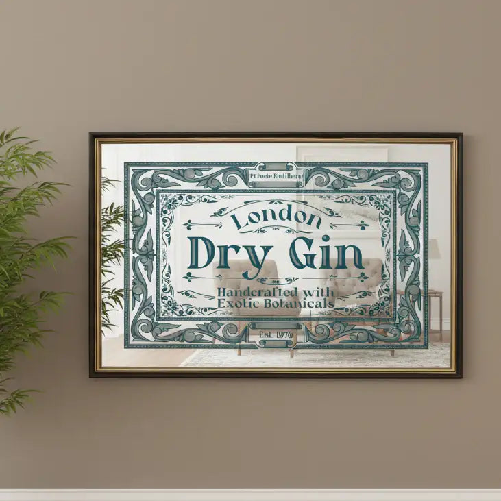 Framed advertisement for London Dry Gin on a wall with a plant to the left.