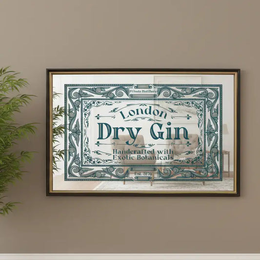 Framed advertisement for London Dry Gin on a wall with a plant to the left.
