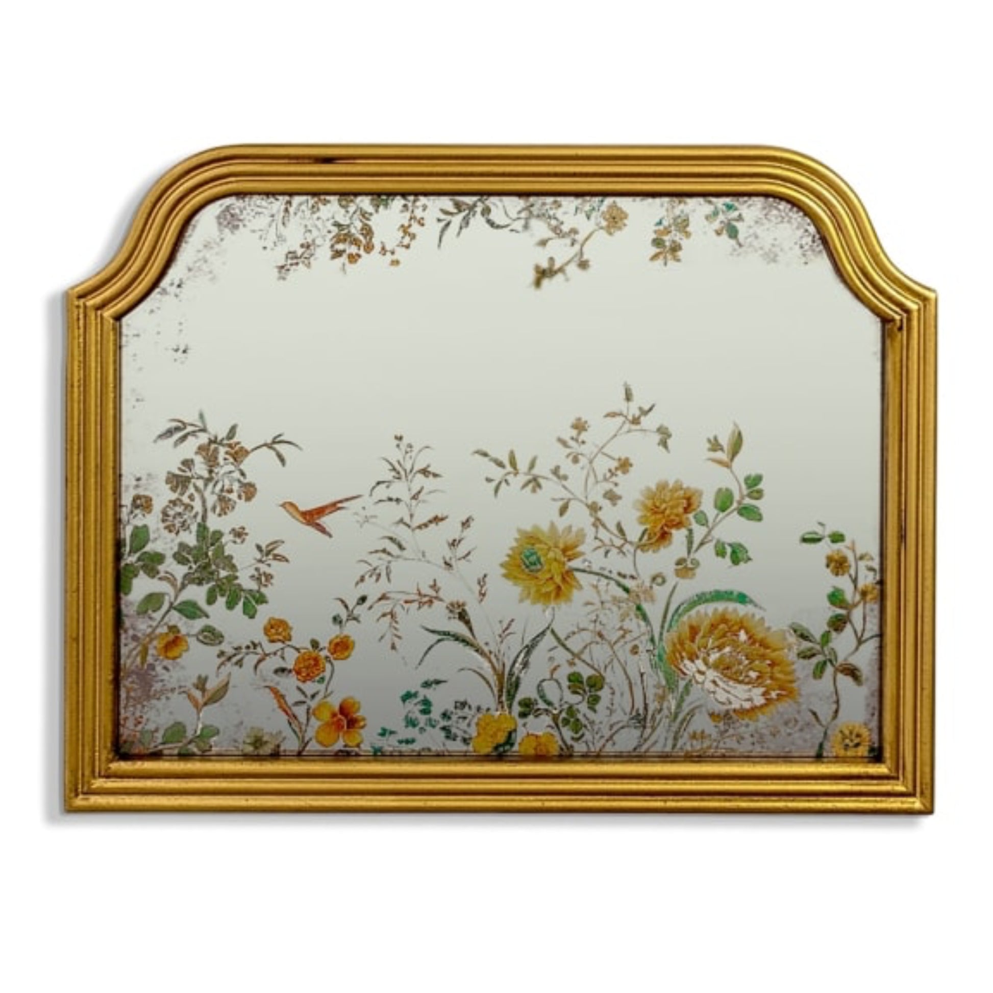 Decorative mirror with floral design and gold frame on a white background
