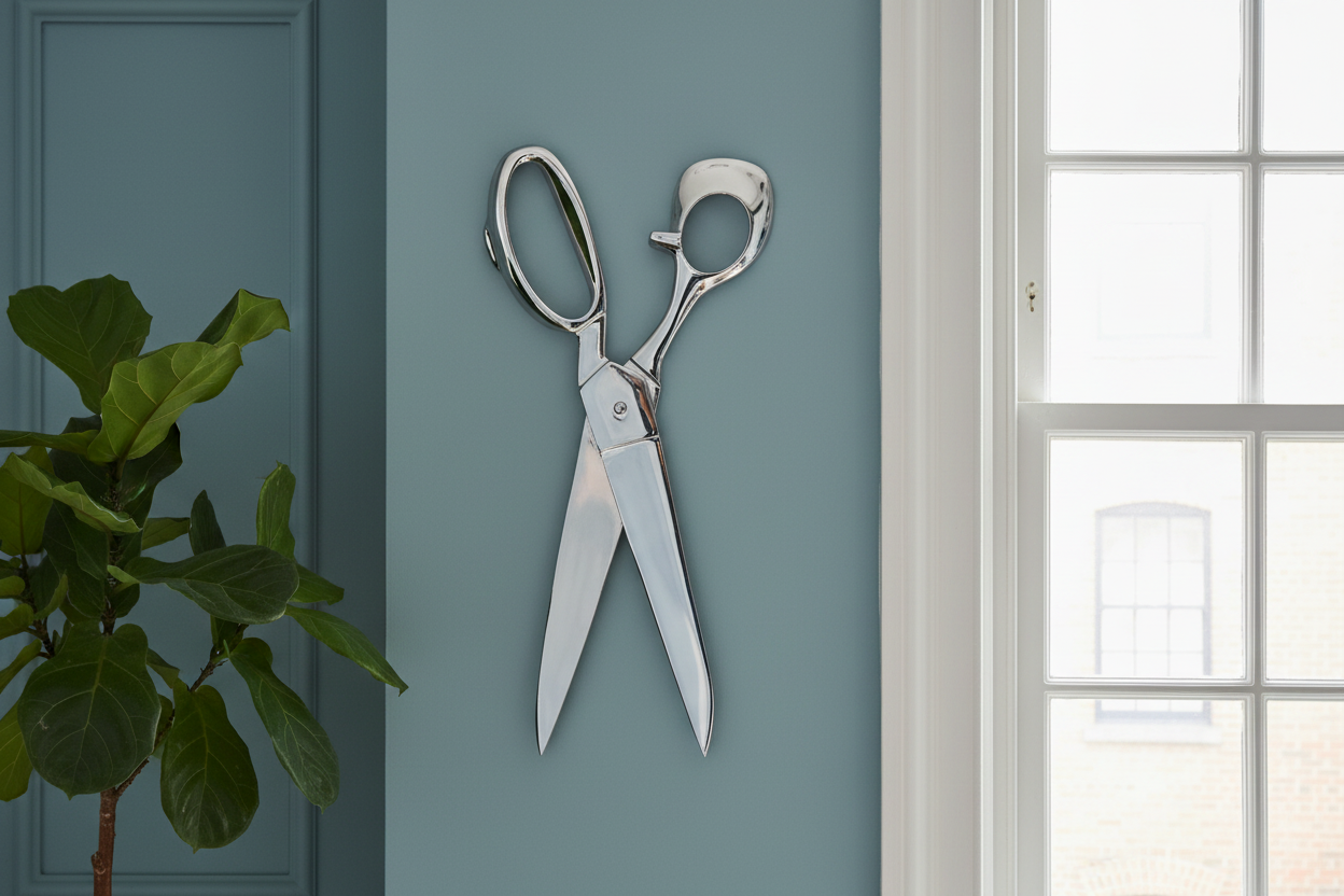 Large silver scissors on a light blue wall with a plant and window in the background