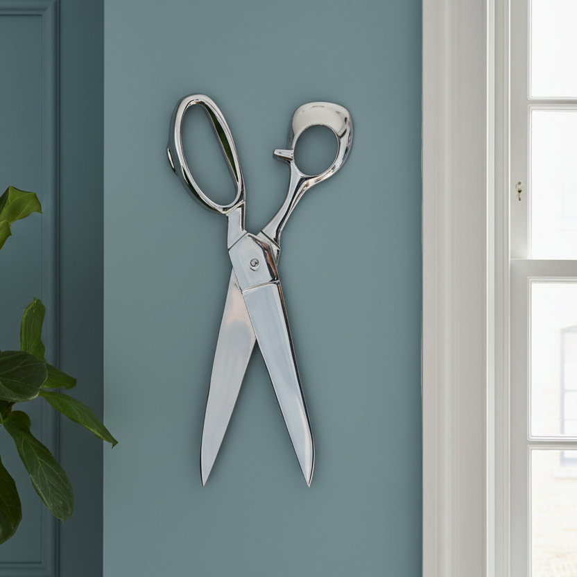 Silver scissors on a light blue wall with a plant and window in the background