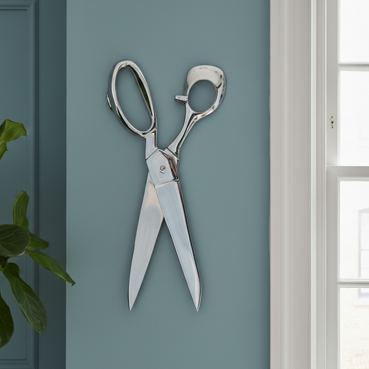 Silver scissors on a light blue wall with a plant and window in the background