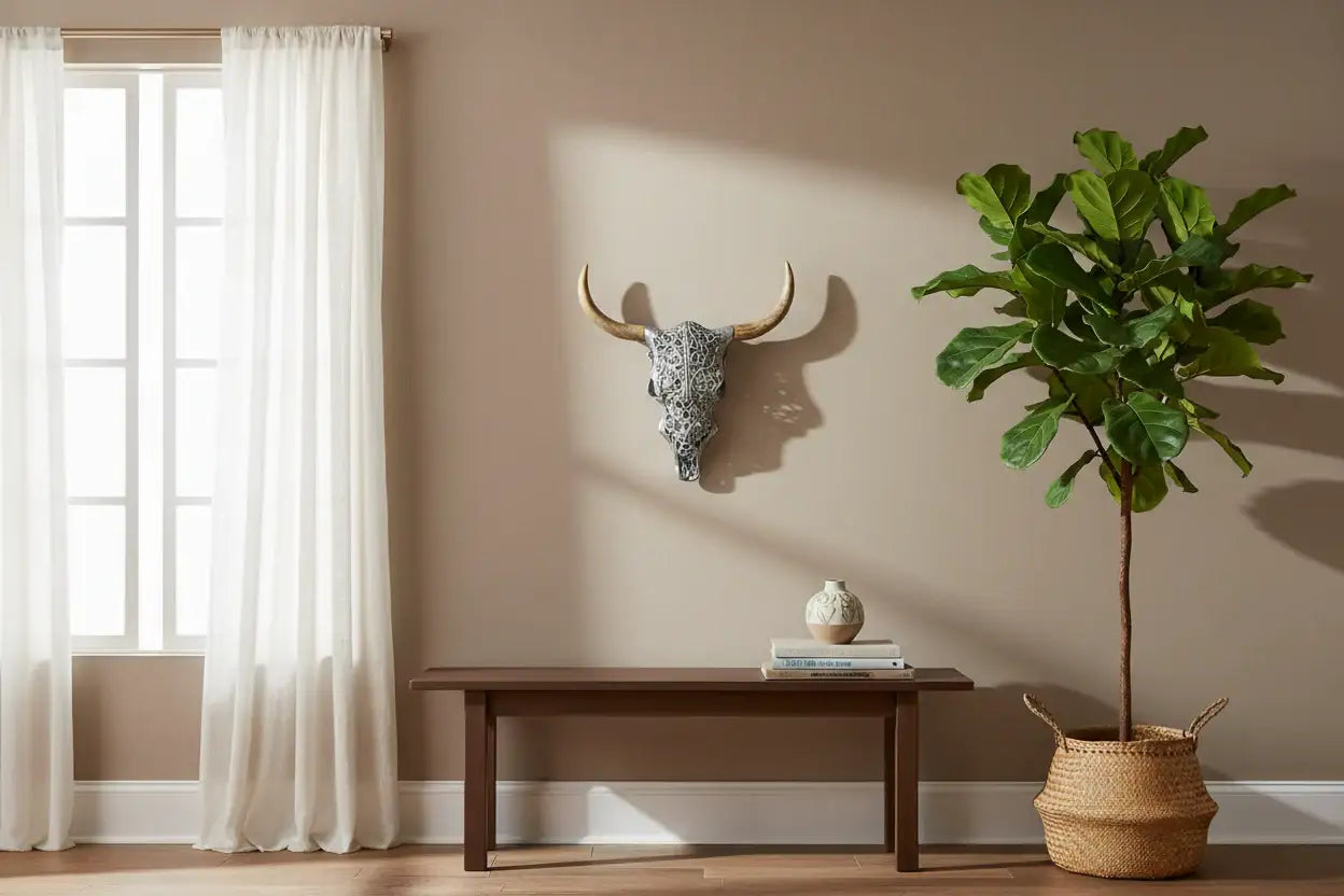 Living room with a wooden bench, decorative skull, and potted plant against a beige wall.