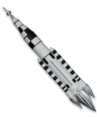 Model of a rocket with black and white checkered pattern on a white background