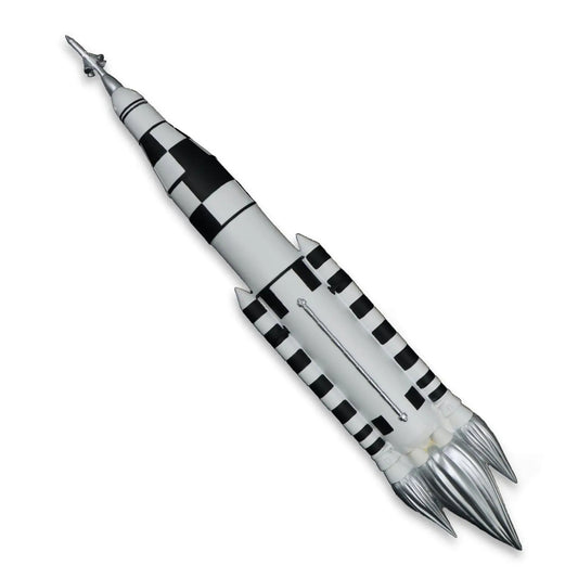 Model of a rocket with black and white checkered pattern on a white background