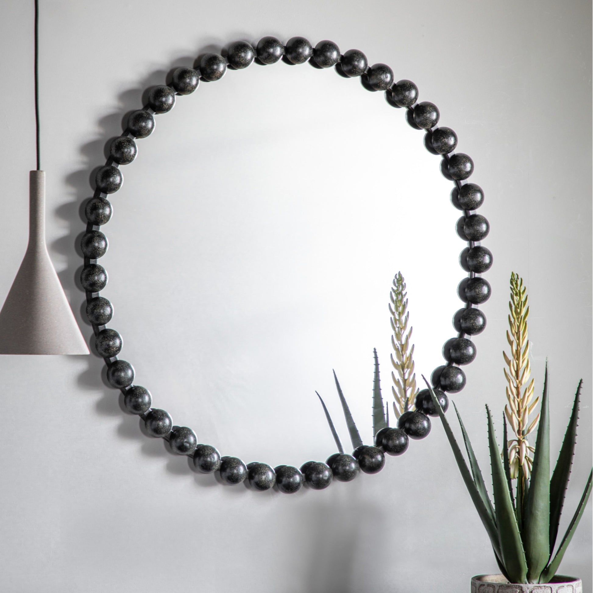 Distressed Black Large Beaded Round Mirror