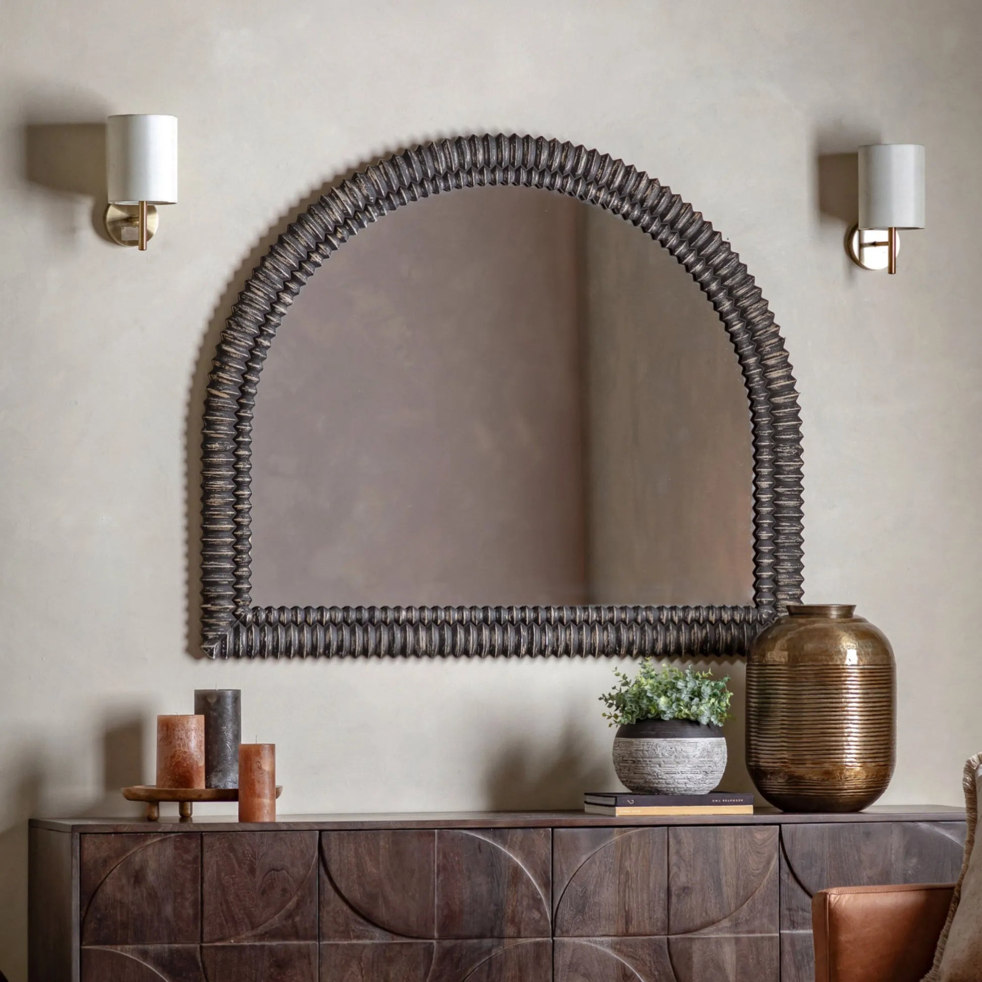 Distressed Black Wash Ribbed Arched Mirror 54