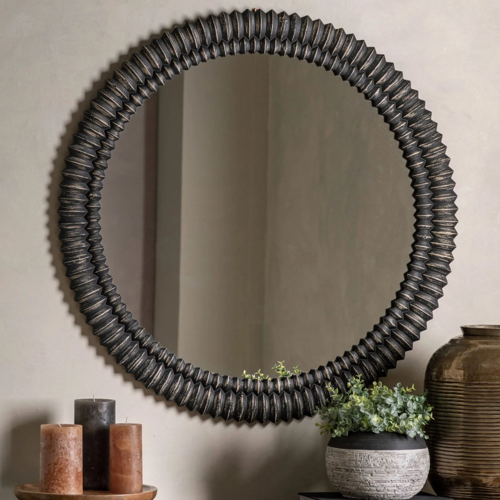 Distressed Black Wash Ribbed Round Mirror 6