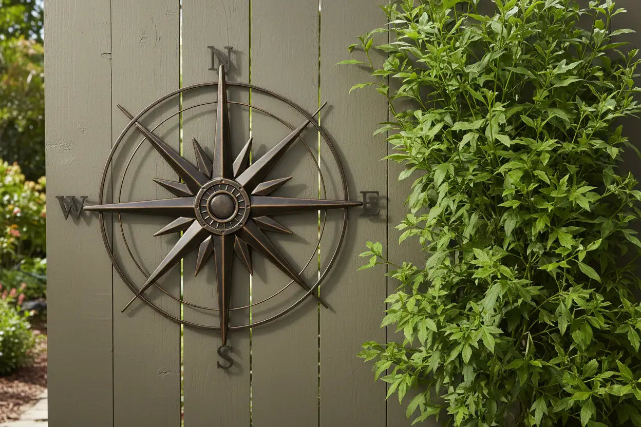 Decorative compass on a wooden wall with greenery