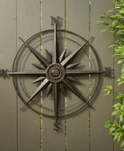 Decorative compass wall art on a wooden panel with greenery around