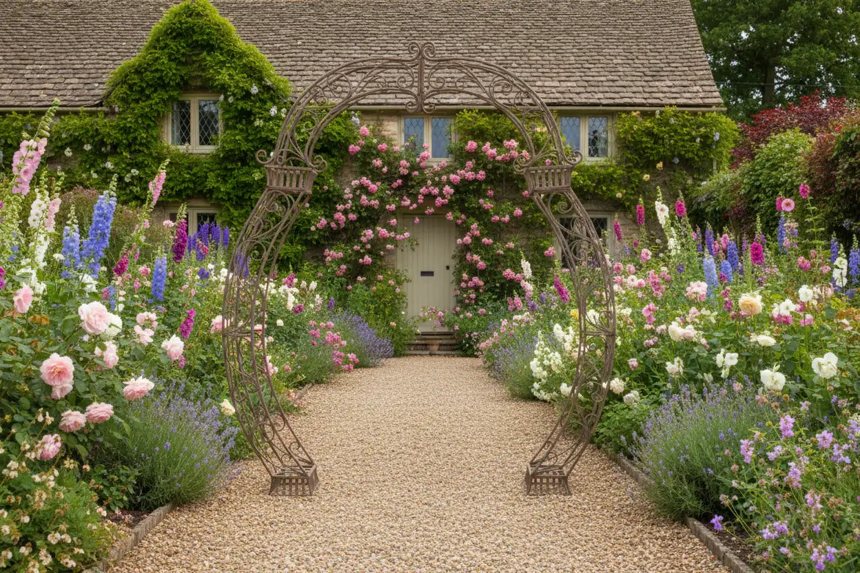 Wrought iron archway in a garden with colorful flowers and a house in the background