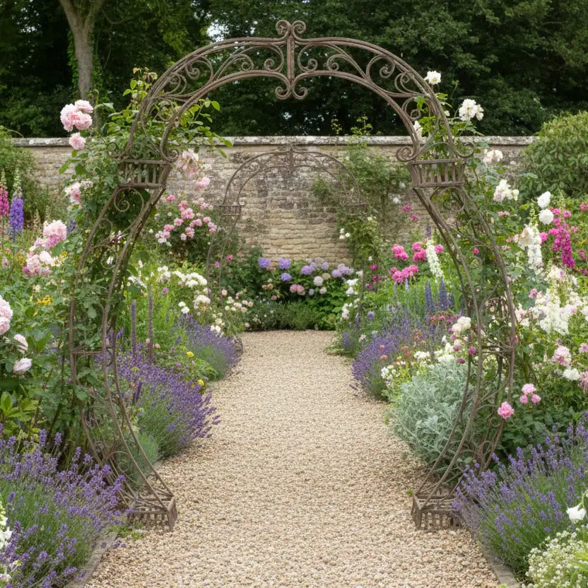 Decorative garden archway with flowers and a stone path