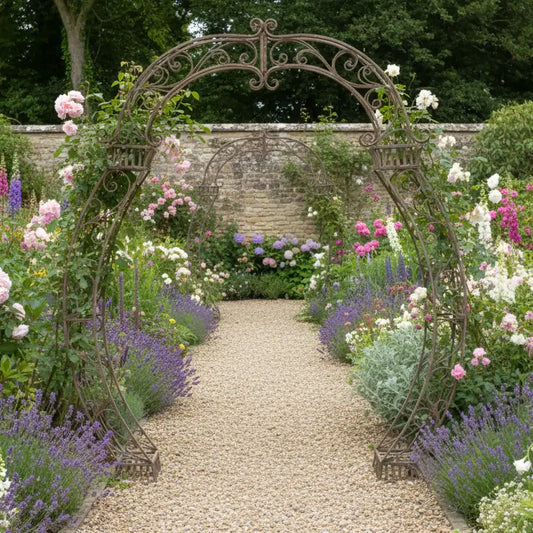 Decorative garden archway with flowers and a stone path