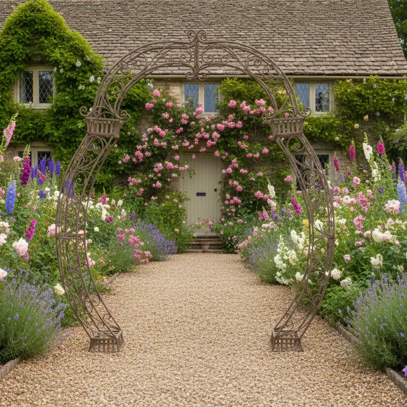 Decorative metal archway in a garden with flowers and a house in the background