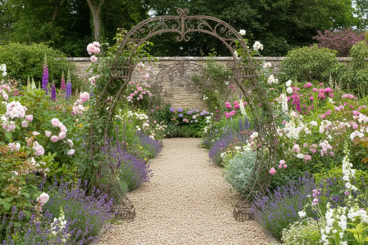 Wrought iron archway in a garden with flowers and a stone path