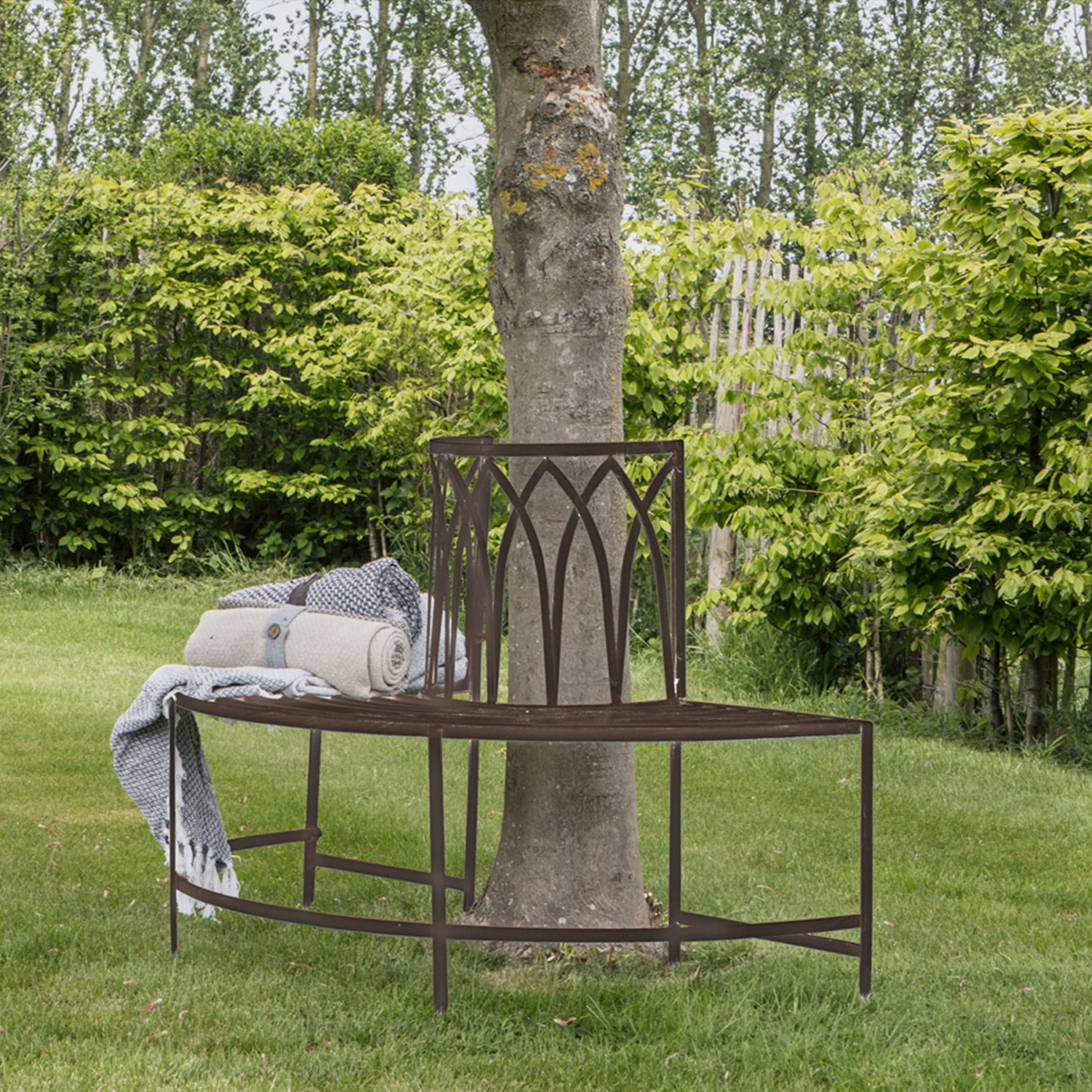 Distressed Brown Outdoor Semi Circle Tree Bench Seat 1