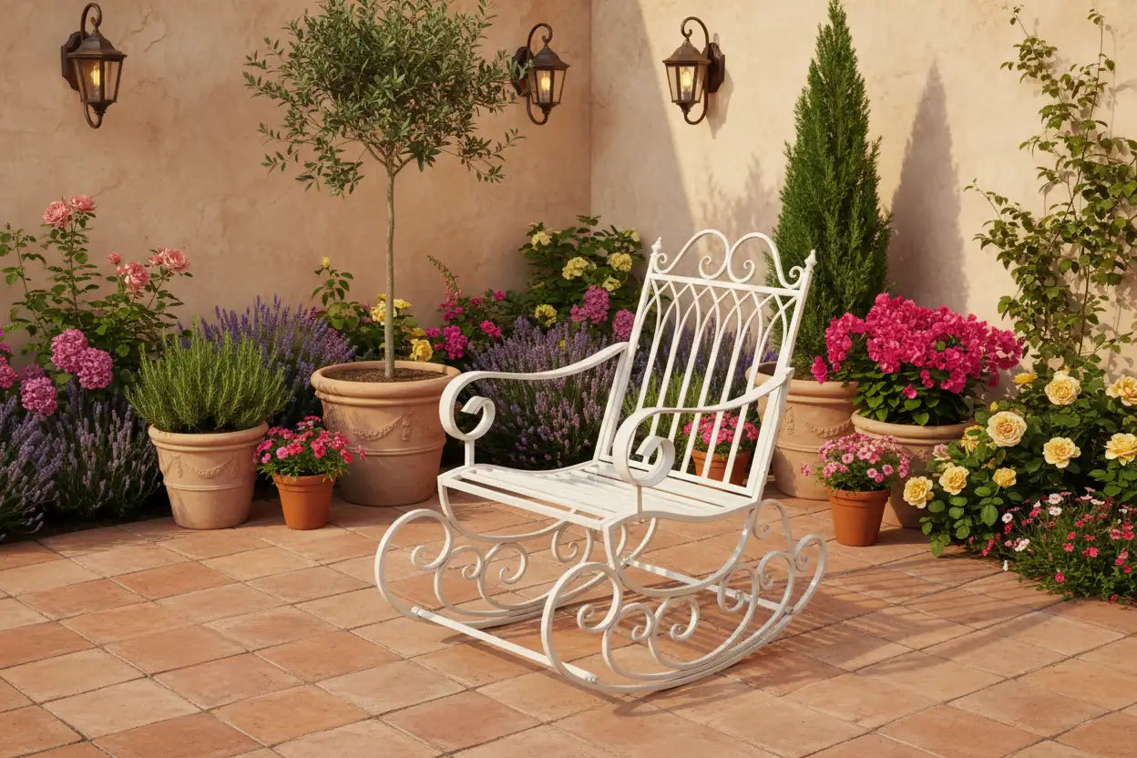 White metal rocking chair on a patio with potted plants and flowers.