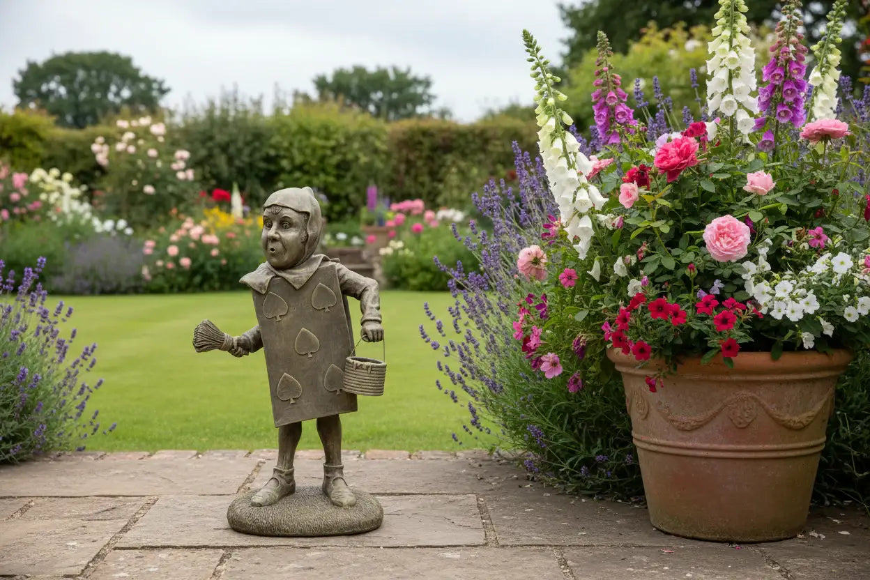 Statue of a child in a garden with flowers and plants