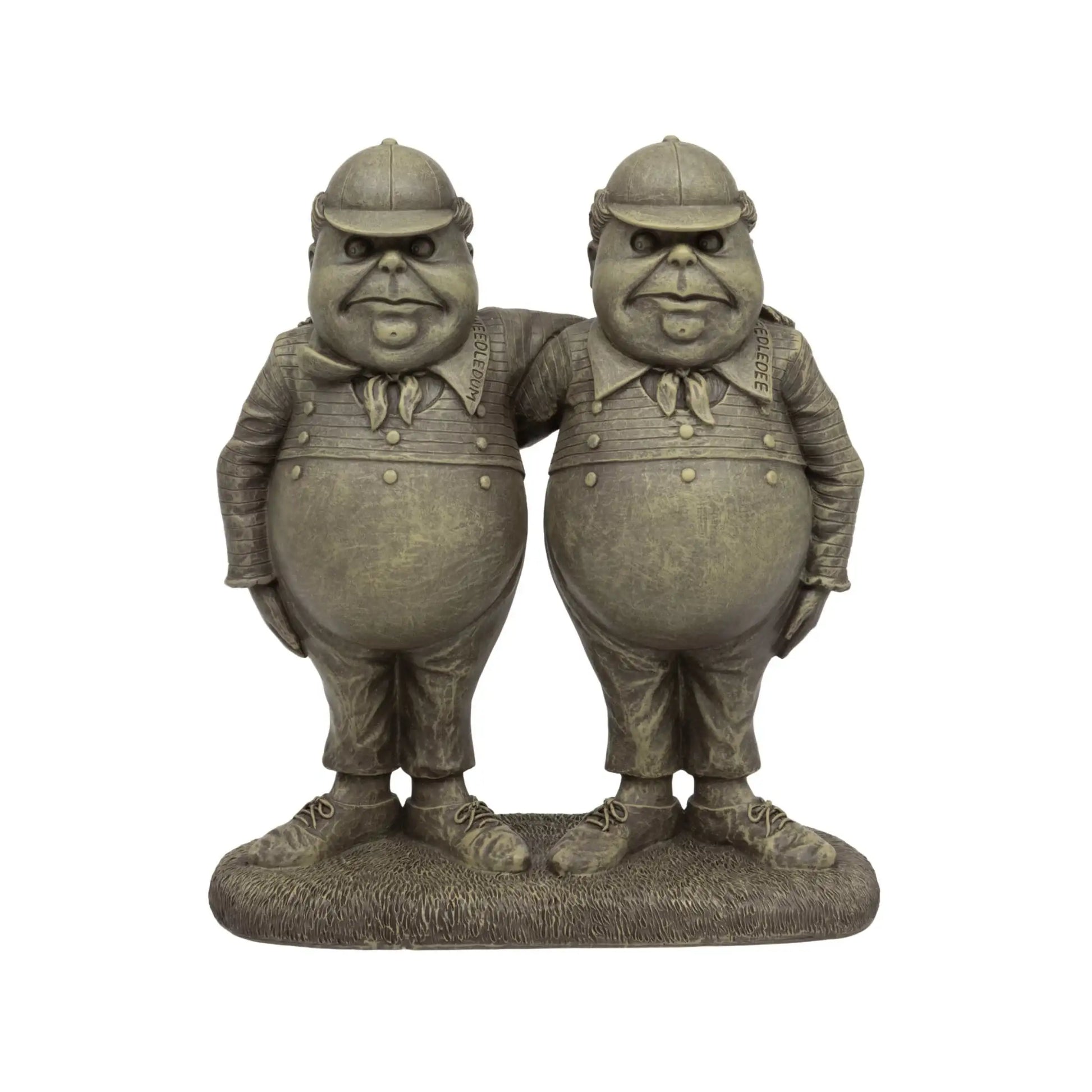 Bronze statue of two characters in suits and hats on a white background