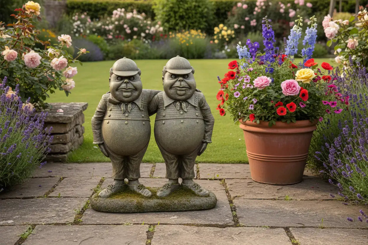 Two stone statues of men standing together in a garden with flowers and plants.