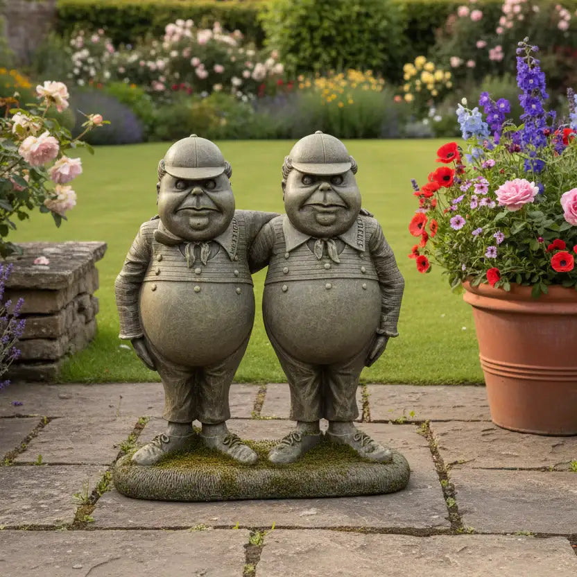 Two stone statues of overweight men in a garden setting with flowers and plants.