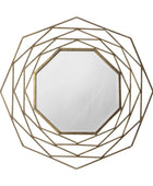 Decorative wall mirror with geometric gold frame on a white background