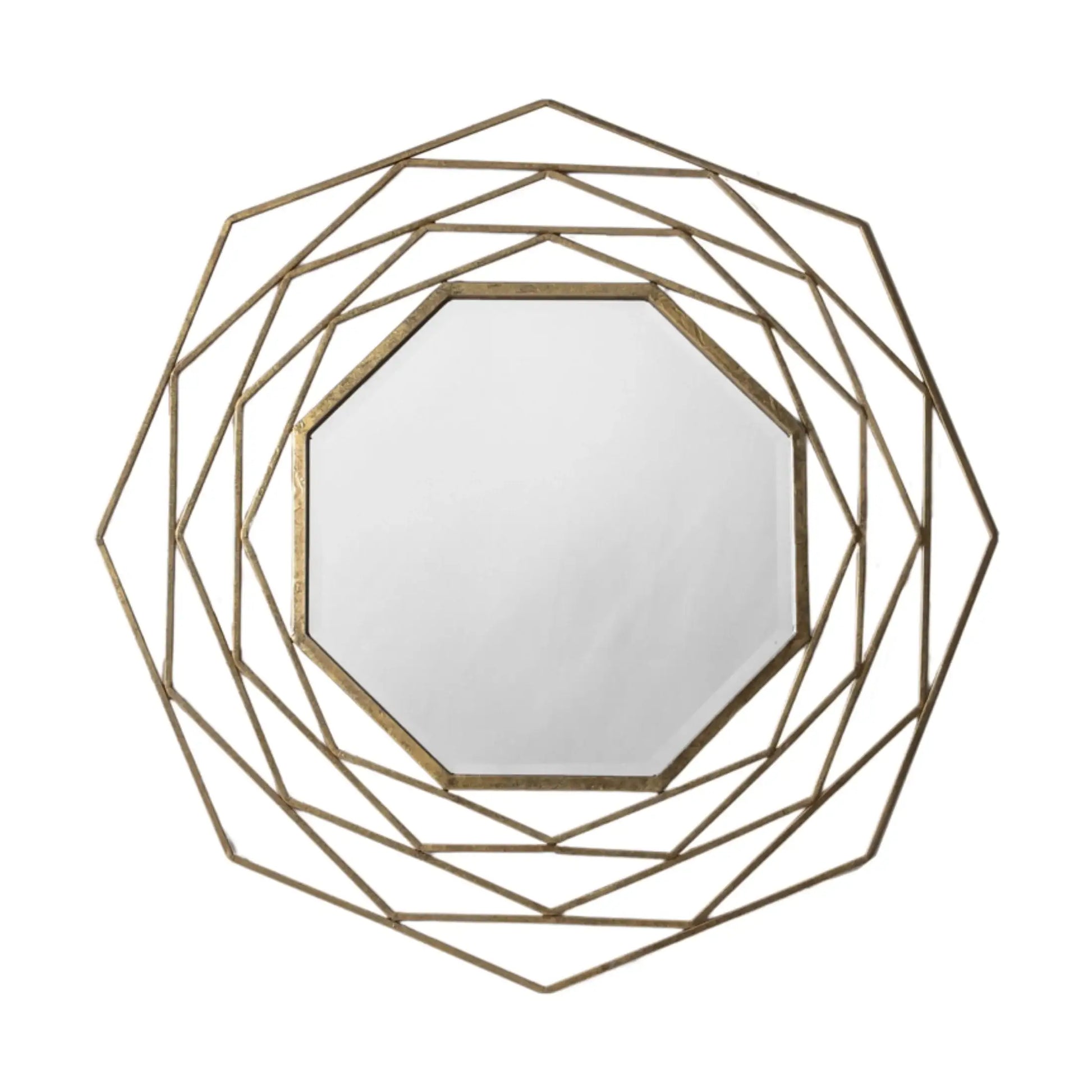 Decorative wall mirror with geometric gold frame on a white background