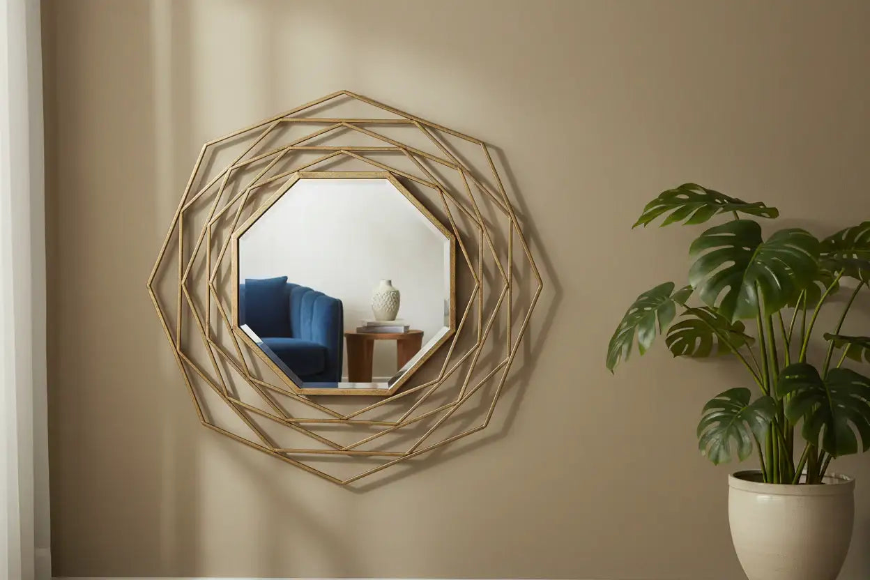 Decorative wall mirror with geometric design on a beige wall, next to a potted plant.