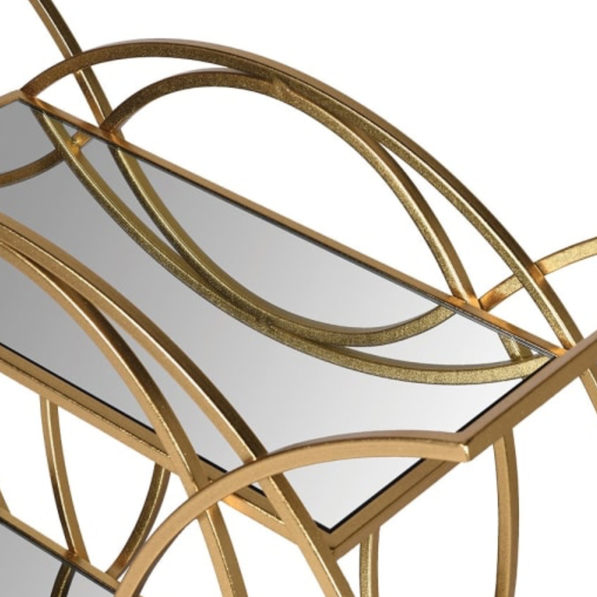 Gold-framed mirror with wavy design on a white background