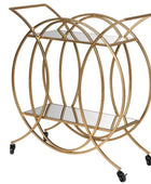 Gold circular bar cart with two shelves on a white background