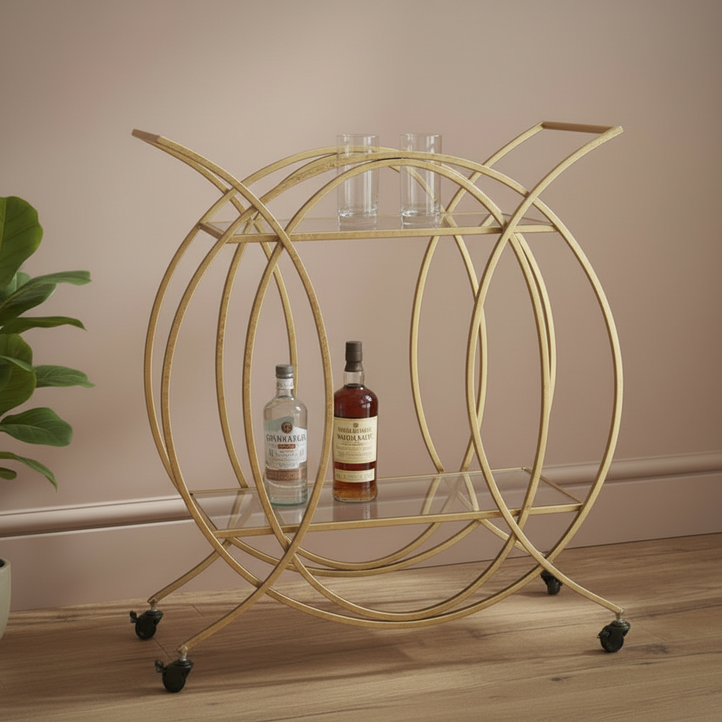 Gold circular bar cart with bottles and glasses on a wooden floor.