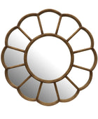 Decorative round mirror with a brown floral frame on a white background