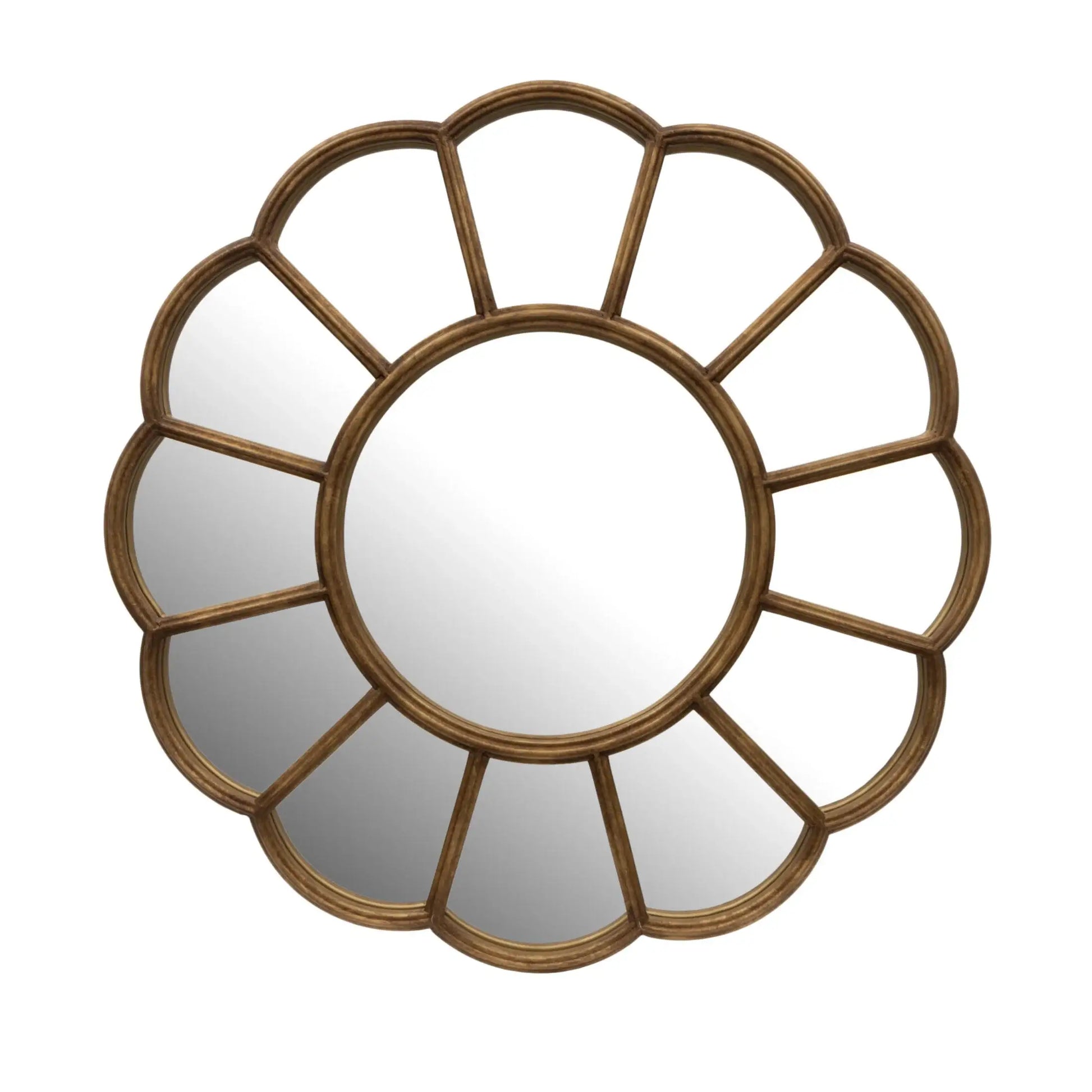 Decorative round mirror with a brown floral frame on a white background