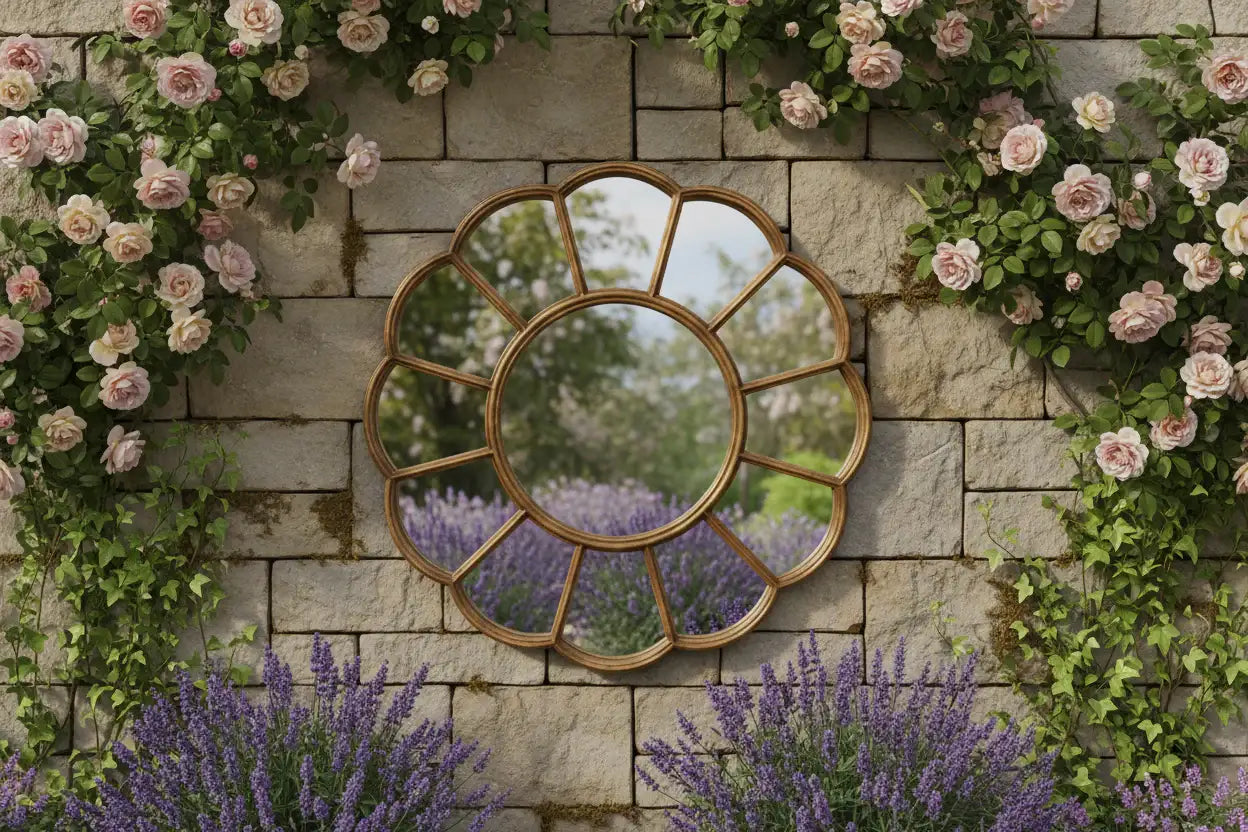 Decorative mirror with floral and stone wall background
