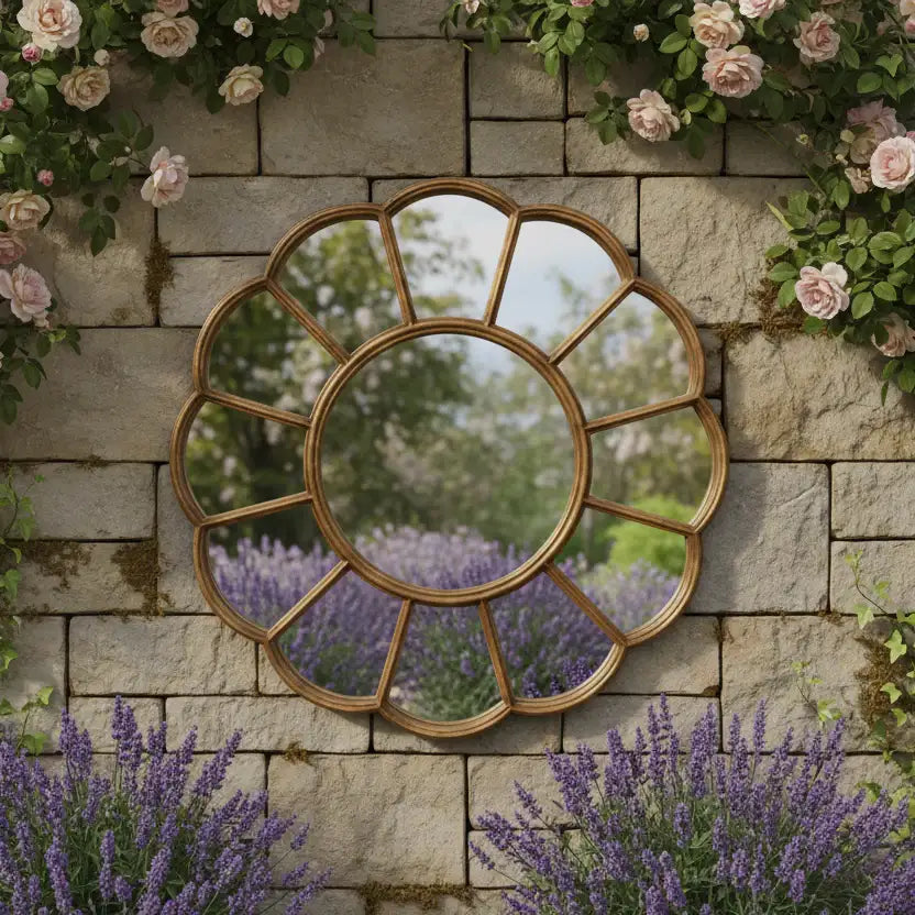 Decorative round mirror with floral design on a stone wall with flowers and lavender.