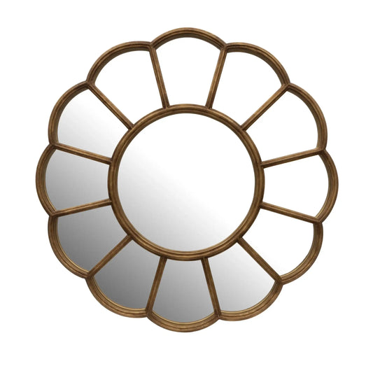 Decorative round mirror with a brown floral frame on a white background