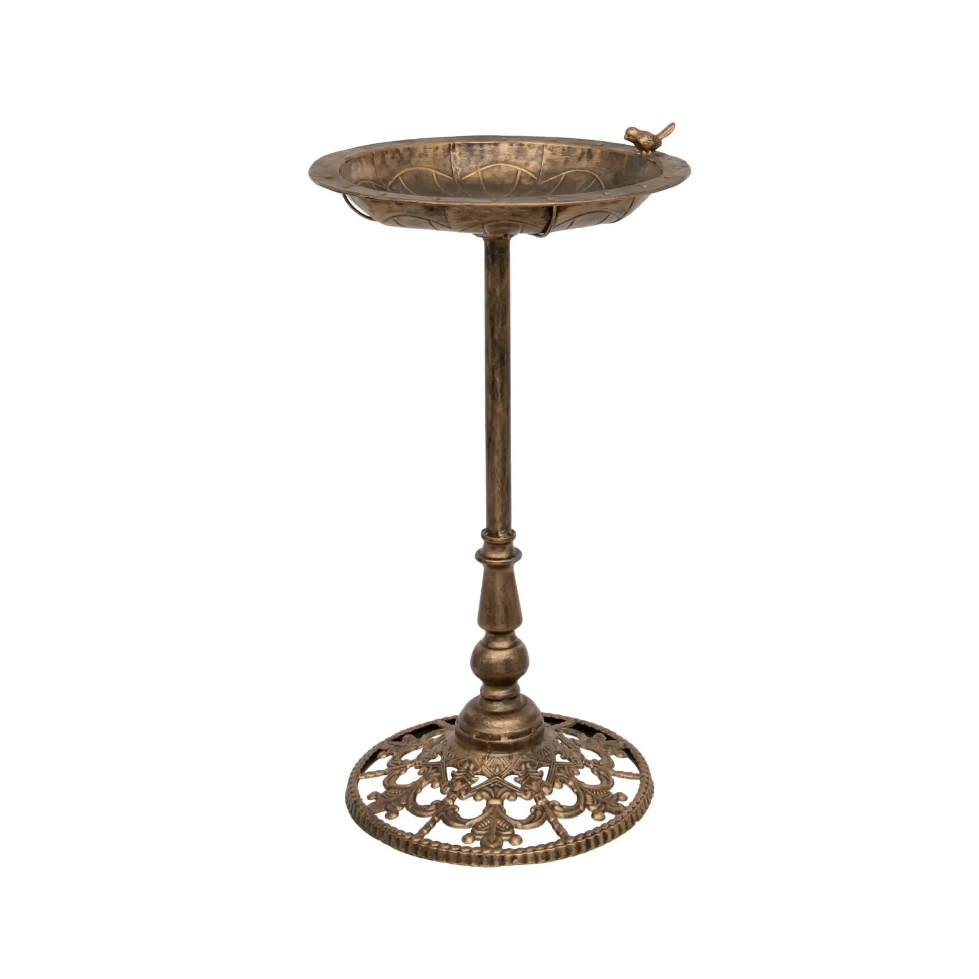 Bronze bird bath with decorative stand on a white background