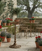 Outdoor patio with garden furniture and potted plants in a rustic setting.