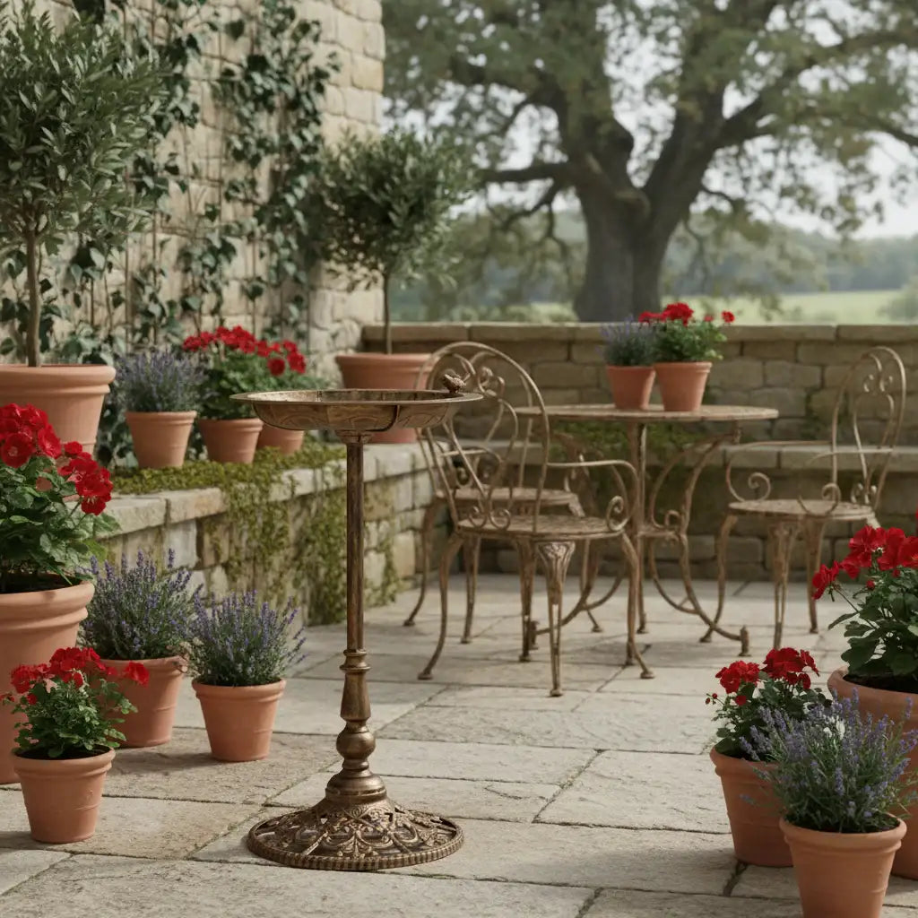 Outdoor patio with garden furniture and potted plants in a rustic setting.