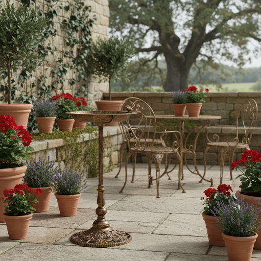 Outdoor patio with garden furniture and potted plants in a rustic setting.