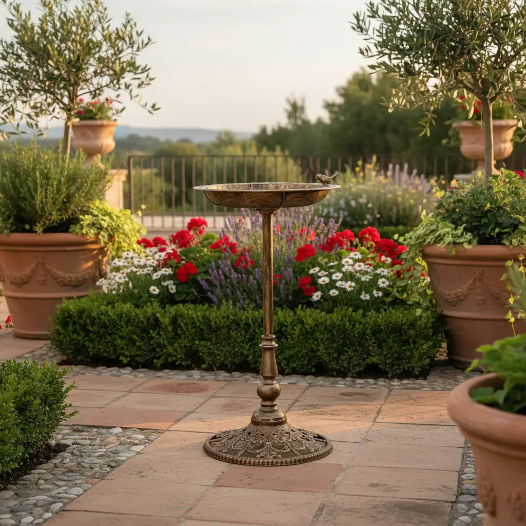 Decorative bird bath in a garden setting with potted plants and flowers.