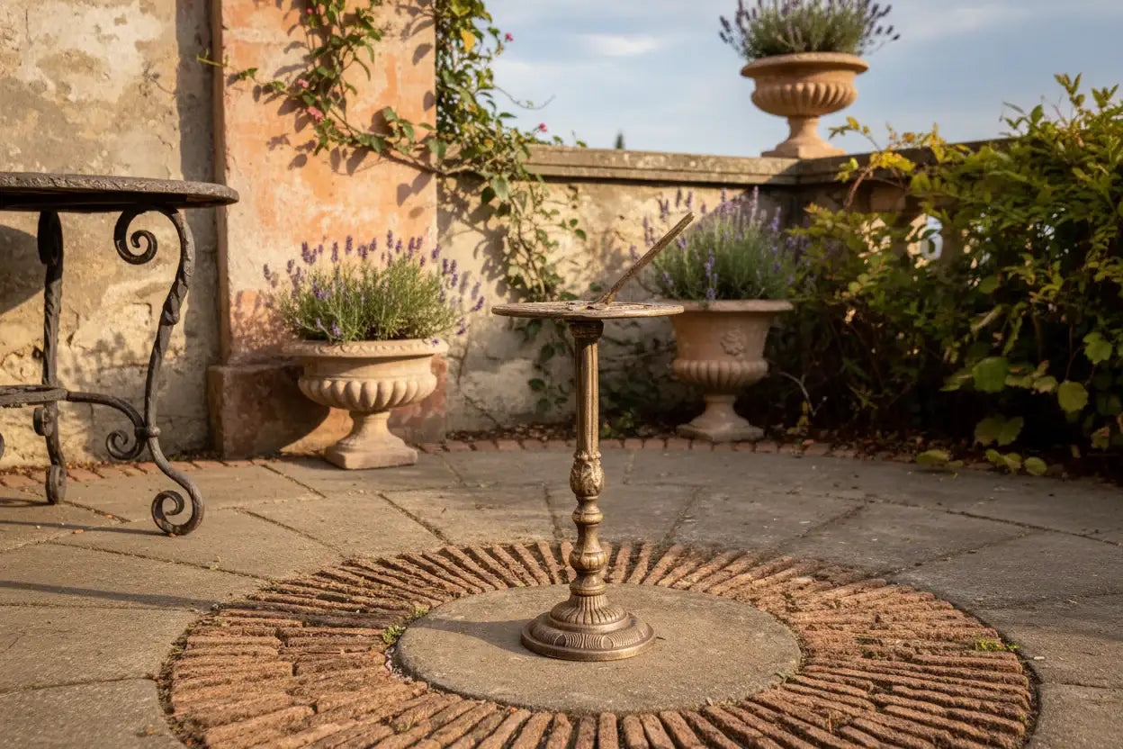 Decorative garden scene with ornate table, urns, and plants on a stone patio.