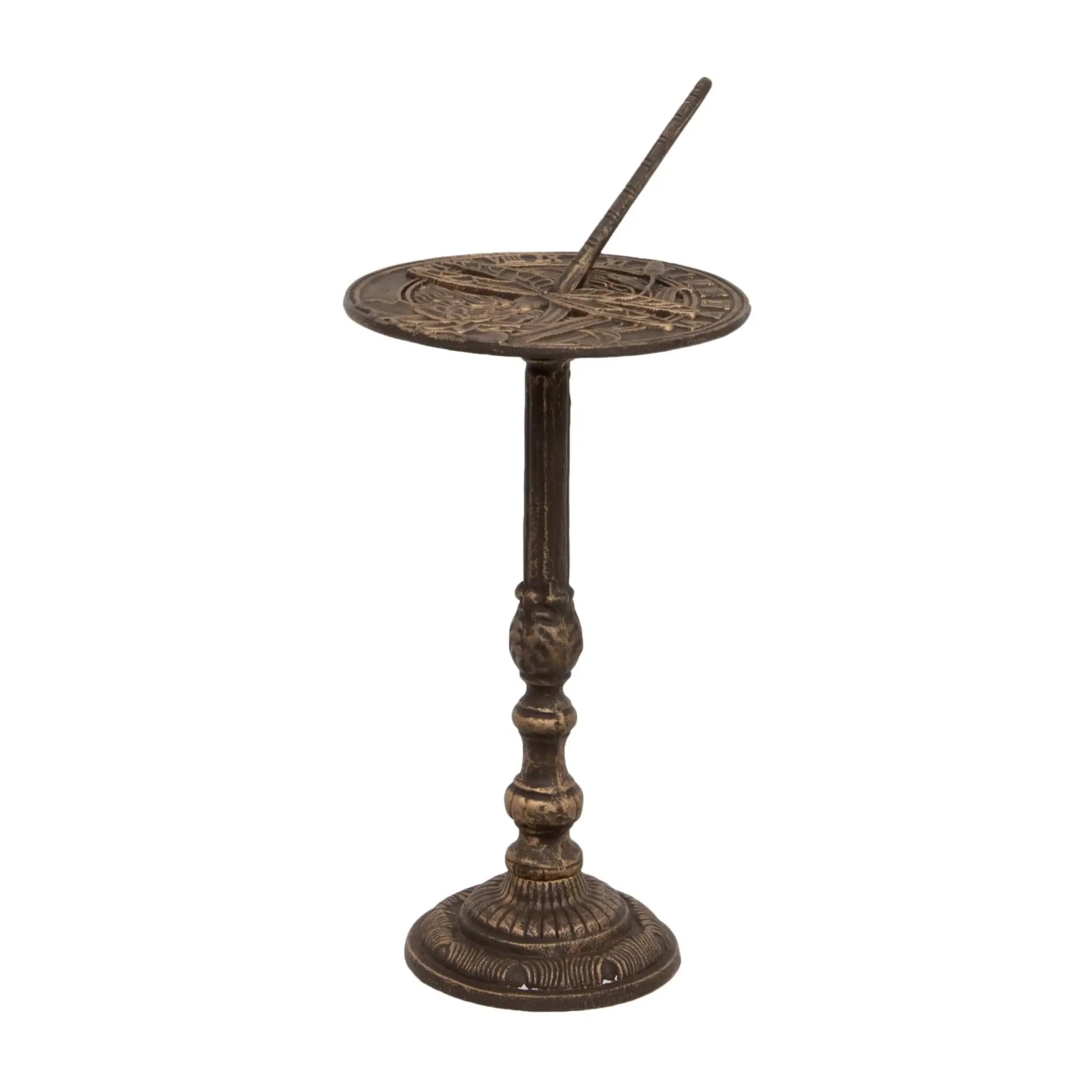 Decorative bronze sundial on a white background