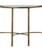 A semi-circular console table with a distressed gold metal frame and a clear glass top, shown against a plain white background.