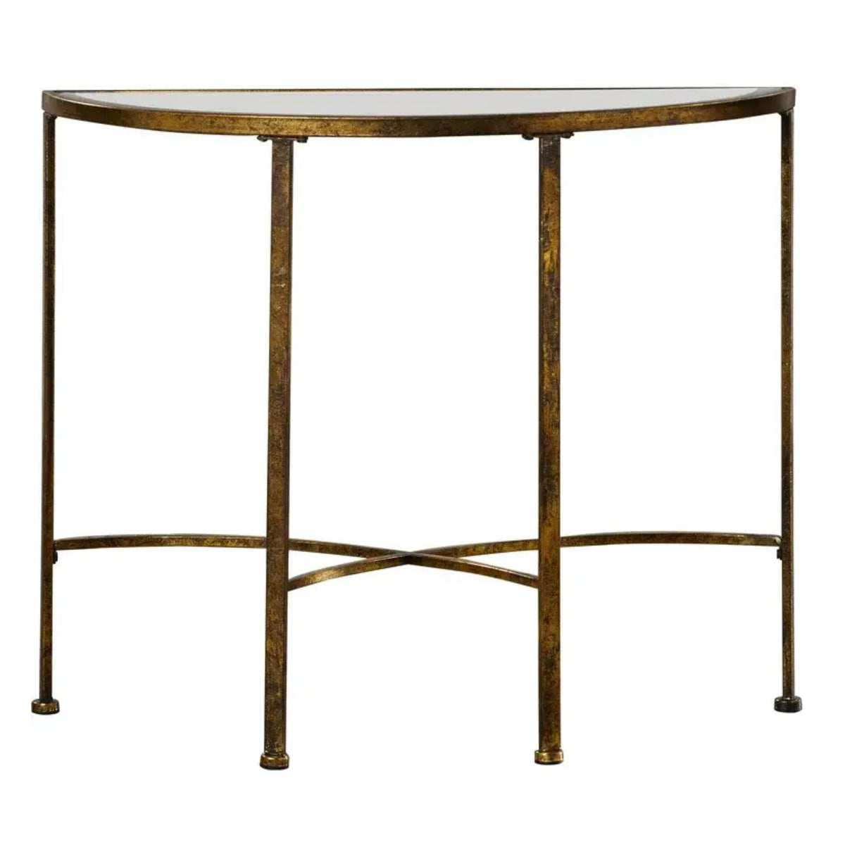 A semi-circular console table with a distressed gold metal frame and a clear glass top, shown against a plain white background.