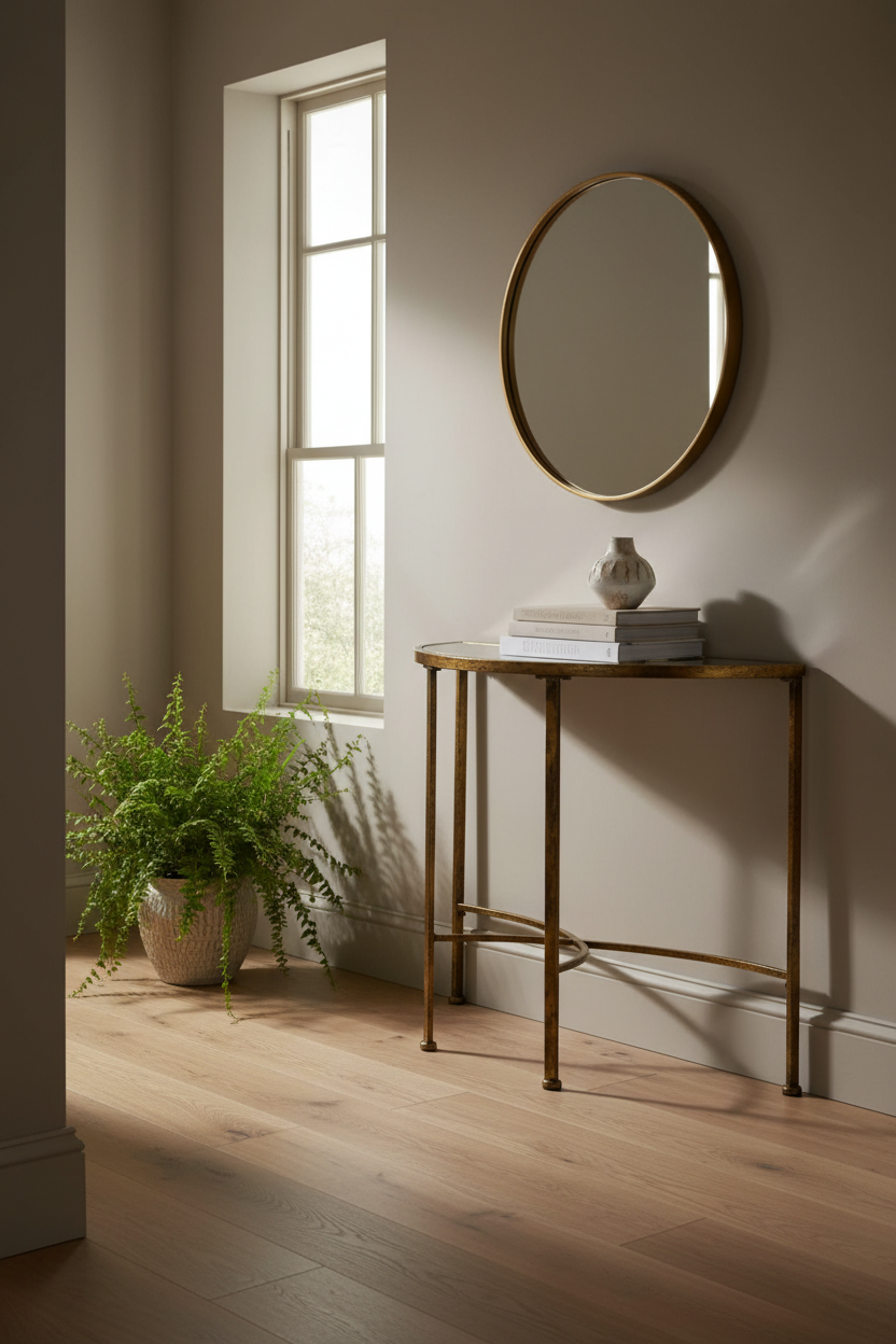 A round wall mirror with a gold-toned frame hangs above a narrow gold console table in a softly lit room with light wood flooring and a potted fern nearby.