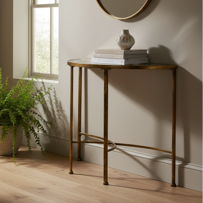 A gold-finished metal console table with a glass top, styled with books and a small vase on a beige wall in a sunlit room with a window and a potted fern.