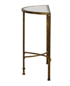 A semi-circular console table with a distressed bronze metal frame and a clear glass top, shown against a plain white background.
