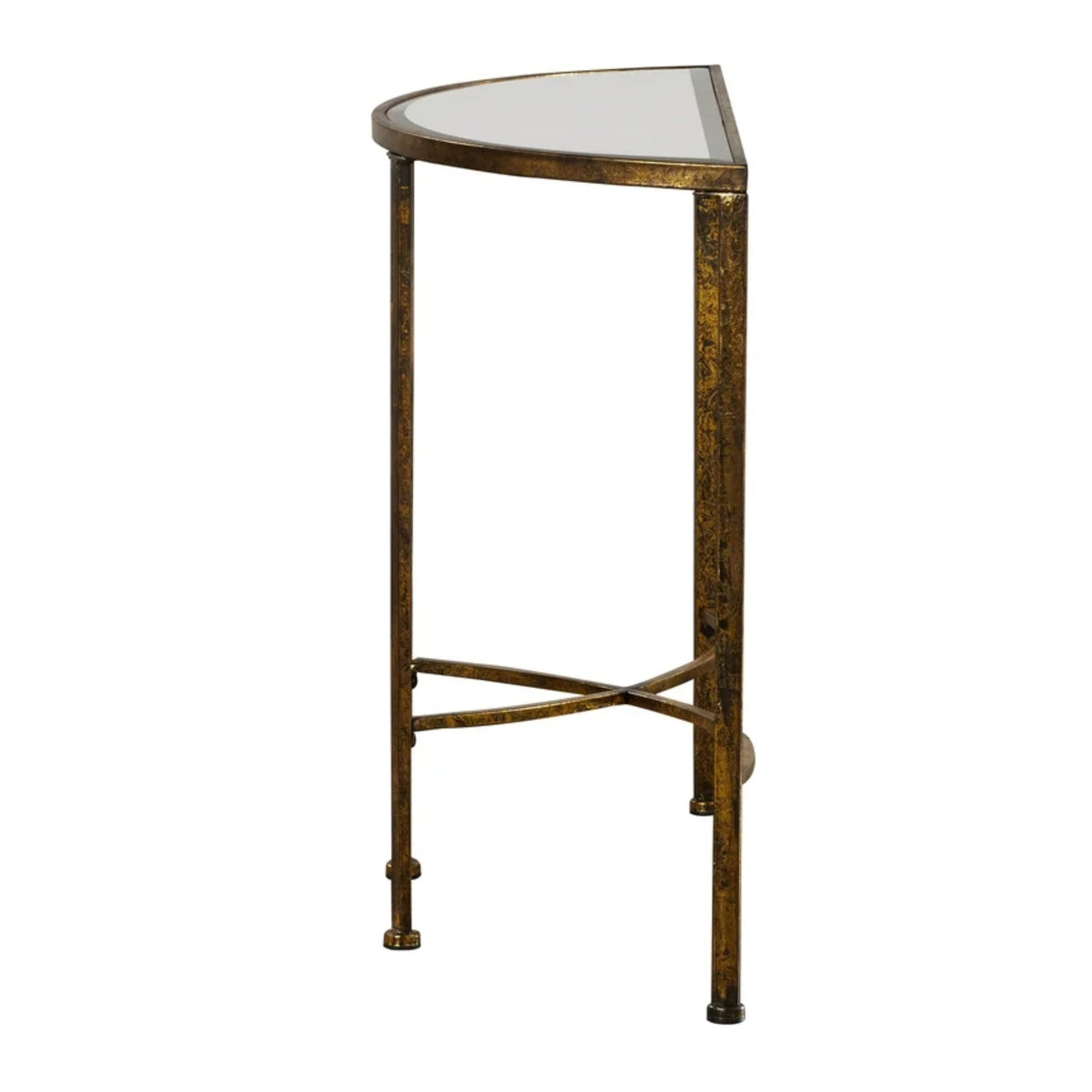 A semi-circular console table with a distressed bronze metal frame and a clear glass top, shown against a plain white background.