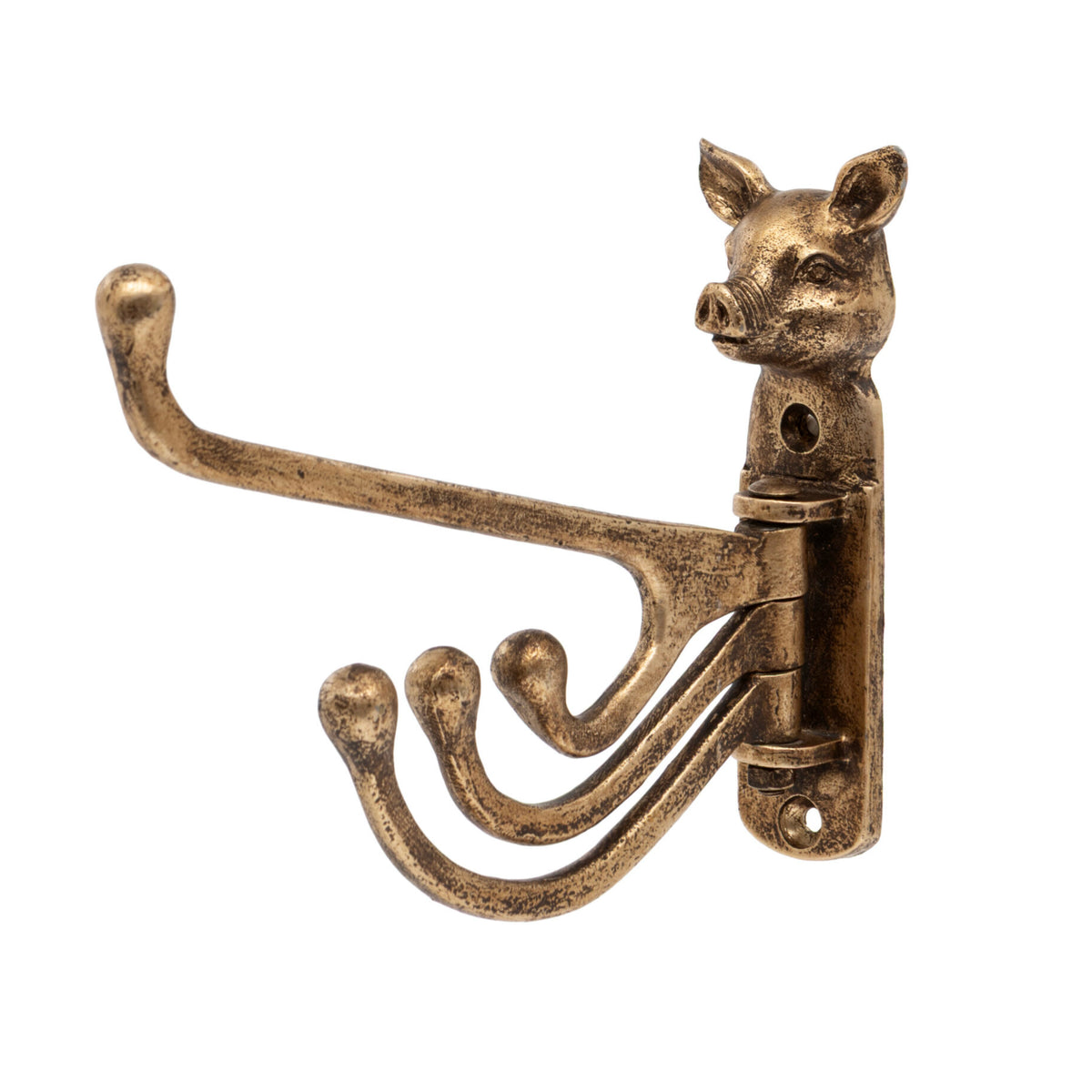 An antique bronze pig-shaped wall hook rack with a long curved hook and three smaller hooks, shown against a plain white background.